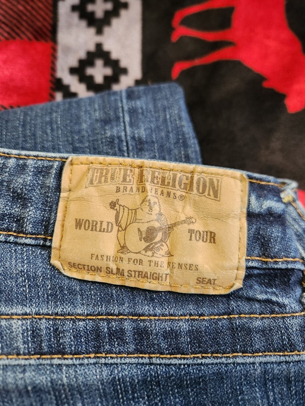 True Religion Slim Straight Flap Pocket Jeans Dark Wash Size 28 Contrast Stitch - Picture 8 of 9